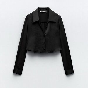 Zara Black Satin Crop Button Up